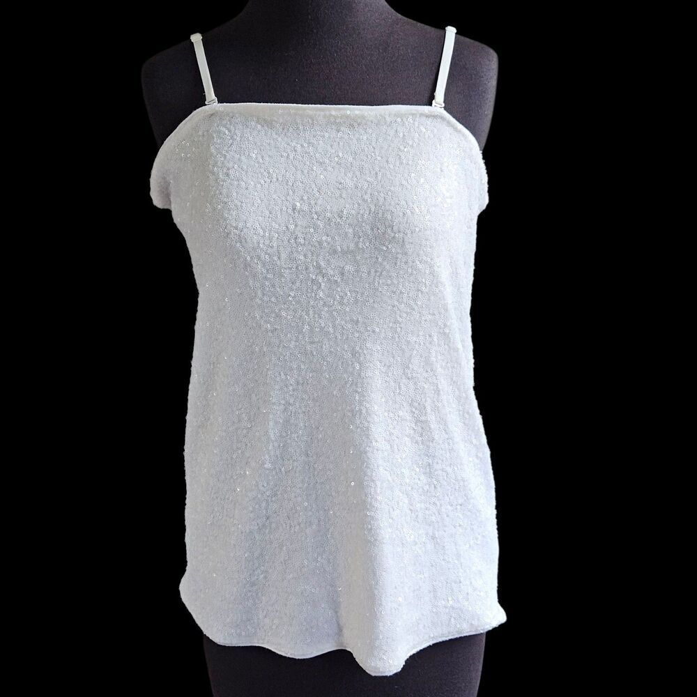 Express Sequin Camisole Womens Sz L White Tank Top Adjustable Spaghetti Straps